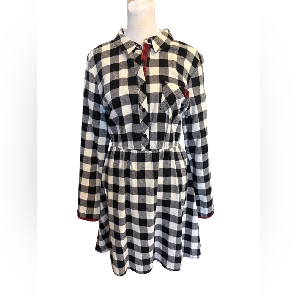 Hem & Thread Size L cotton buffalo check shirtwaist dress contrast trim
